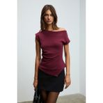 GRIMELANGE REHINGA Kadın Asimetrik Yaka Regular Kısa Kol Bordo Bluz
