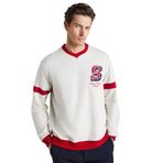 Grimelange Reynon Erkek V Yakalı Aplikeli Organik Pamuklu İçi Polarlı Yumuşacık V Yaka Taş Rengi Sweatshirt, M