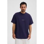 GRIMELANGE RIVER Erkek Oversize Fit Bol Kesim Nakış İşlemeli Basic Örme Koyu Mor T-Shirt
