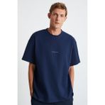 Grimelange River Erkek Oversize Fit Bol Kesim Nakış İşlemeli Basic Örme T-shirt, Lacivert, XL
