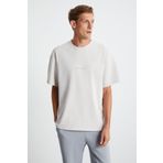 GRIMELANGE Rıver Erkek Oversize Fit Bol Kesim Nakış Işlemeli Basic Örme Taş Rengi T-shirt