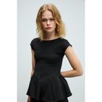GRIMELANGE ROLLIE Kadın Bisiklet Yaka Arkada Damla Düğme Detaylı Mini Kısa Kollu Etek Ucu Pileli Peplum Bluz Siyah