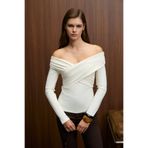 GRIMELANGE SELUNETTE Kadın Asimetrik Yakalı Omuzu Açık Esnek Kumaşlı Vücudu Saran Slim Fit Ekru Bluz