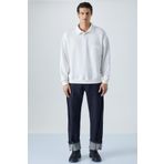 Grimelange Simplyfy Erkek Polo Yaka Uzun Kollu Oversize Düğmeli Beyaz Sweatshirt, M