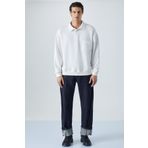 GRIMELANGE Sımplyfy Erkek Polo Yaka Uzun Kollu Oversize Düğmeli Beyaz Sweatshirt
