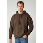 Grimelange Steve Erkek Yumusaçık Kumaşlı Kordonlu Oversize Kapüşonlu Kanguru Cepli Kahverengi Sweatshirt, L