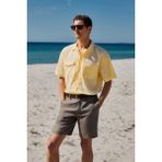 GRIMELANGE TERO Erkek %100 Pamuk Apaj Yaka Kısa Kollu Flamlı Oxford Comfort Fit Hawaii Sarı Gömlek