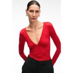 GRIMELANGE TEVRINE Kadın Kruvaze Yakalı Esnek Kumaşlı Uzun Kollu Çıtçıt Kapamalı Slim Fit Kırmızı Bluz
