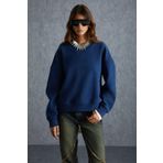 Grimelange Vaneltina Kadın İçi Polarlı 3 İplik Organik Pamuk Oversize Basic Bisiklet Yaka Sweatshirt, Lacivert, S