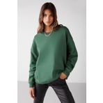 GRIMELANGE Vaneltına Kadın Içi Polarlı 3 Iplik Organik Pamuk Oversize Basic Bisiklet Yaka Yeşil Sweatshirt