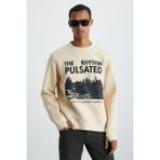 GRIMELANGE Yanke Erkek Önü Baskılı Yuvarlak Yaka Parmak Geçme Detaylı Bej Sweatshirt