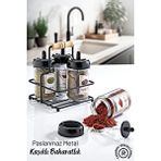 Grimor Life Metal Standlı 4'lü Kaşıklı Cam Baharatlık Seti 300 Cc- Flora Baharatlık Seti- Etiket Hediyeli Siyah