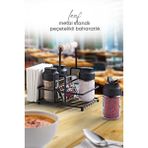 Grimor Life Yaprak Detaylı Metal Standlı Peçetelikli 4'lü Çift Kapaklı Cam Baharatlık Seti- Restoran Kafe