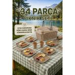 grimorlife 34 Parça Piknik Seti | 30 LT Kapaklı Piknik Sepeti ve 6 Kişilik Sofra Seti KARMA RENK