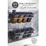 grimorlife 8 Li Etiketli Standlı Kilitli Kaşıklı Kendinden Yapışkanlı Kare Baharatlık Takımı 400 ML-Füme