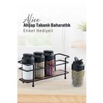 grimorlife Ahşap Tabanlı Metal Standlı 4’lü Cam Baharatlık Seti – Çift Kapaklı Tuzluk & Biberlik