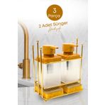grimorlife Gold Metal Standlı Ahşap Detaylı Bulaşık Deterjanı Ve Sıvı Sabunluk Mutfak Seti-Sünger Hediyeli
