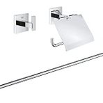 GROHE Start Cube QuickFix Üçlü Banyo Aksesuar Seti | Uzun Havluluk (558mm), Tuvalet Kağıtlığı(Kapaklı), Bornoz Askısı | Duş / Banyo Aksesuarları | Krom | 41124000