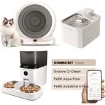 Groove Q-Clean Akıllı Otomatik Kedi Tuvaleti Gri - Petfit Aqua Flow Akıllı Bataryalı Su Pınarı Çeşmesi + Petfit Autodine x Plus Akıllı Otomatik Mama Kabı Bundle - 53 x 41 x 41 cm - Beyaz - Gri