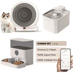 Groove Q-Clean Akıllı Otomatik Kedi Tuvaleti Gri - Petfit Aqua Flow Akıllı Bataryalı Su Pınarı Çeşmesi + Petfit Catmax Pro Plus Akıllı Otomatik Mama Kabı Bundle - 53 x 41 x 41 cm - Beyaz - Gri
