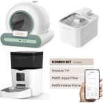 Groove Ti+ Akıllı Otomatik Kedi Tuvaleti Yeşil - Petfit Aqua Flow Akıllı Bataryalı Su Pınarı Çeşmesi + Petfit Feline Prime Akıllı Otomatik Mama Kabı Bundle - 53 x 41 x 41 cm - Beyaz - Yeşil