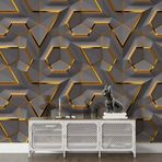 Grown Altın Çizgili Antrasit Geometrik Desenli Duvar Kağıdı - Salon ve Oturma Odası