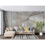 Grown Gri Taş Desenli Altın Çizgili Geometrik Duvar Kağıdı - Salon ve Oturma Odası