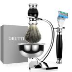 Gruttı Premium Erkekler İçin 4'Ü 1 Arada Islak Tıraş Seti - Manyetik Paslanmaz Çelik Kase + Çinko Alaşımlı Stand + Tıraş Fırçası + Fusion 5 Uyumlu Bıçak