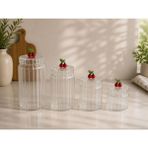 Gsd Borosilikat Cam Optik Çizgili Kiraz Kapaklı 4 Lü Kavanoz Seti KÜÇÜK:630 ml -Orta: 800 Ml- ORTA:1100 ML-BÜYÜK:1500 ml