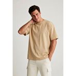 GUARAZ Erkek Bej Oversize Bisiklet Yaka %100 Organik Pamuk Düz Basic Yazlık T-shirt