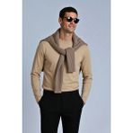 Guaraz Erkek Relax Fit Rahat Kesim %100 Pamuk Uzun Kollu Bisiklet Yaka Basic Tişört - Bej