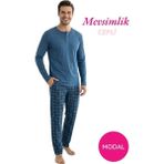 Guava Erkek Mavi Modal 3 Düğmeli Ekose Desen Pamuk Likra Mevsimlik Manşetli Uzun Kol Cepli Pijama Takımı