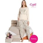 Guava Kadın Bej Bisiklet Yaka Düğmesiz Kışlık Termal Bilek Manşetli Jogger Uzun Kol Cepli Pijama Takımı - 3XL