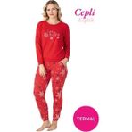 Guava Kadın Kırmızı Bisiklet Yaka Düğmesiz Kışlık Termal Bilek Manşetli Jogger Uzun Kol Cepli Pijama Takım - Desenli - 3XL