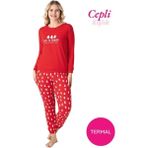 Guava Kadın Kırmızı Bisiklet Yaka Düğmesiz Kışlık Termal Bilek Manşetli Jogger Uzun Kol Cepli Pijama Takım