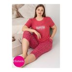 GUAVA+ Nar Çiçeği Bisiklet Yaka Düğmesiz Battal Kesim Viskon Kısa Kol Kapri Cepli Büyük Beden Pijama Takımı