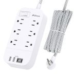 Güç Şeridi - 10 FT Uzun Düz Fiş Uzatma Kablosu, 6 Çıkışlı 2 USB A 2 USB C Bağlantı Noktası Aşırı Yük Korumalı, Duvara Montaj, Ev, Ofis ve Yurt için Masaüstü Şarj İstasyonu Essential
