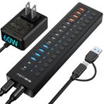 Güçlü USB 3.0 Hub, ACASIS 16 Bağlantı Noktalı USB Hub ile Çalışır (2* USB C 3.0+4 Akıllı Şarj Bağlantı Noktası Dahil) 60W Güç Adaptörü, Destek Duvar Montajı, PC Dizüstü Bilgisayar, Mac, Yazıcı, Kamera