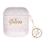 Guess Airpods Kılıf 4g Desenli Metal Script Logolu 4g Charm Sağdan Askılı Pu Deri Pembe
