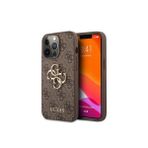 Guess İphone 13 Pro Max Uyumlu Kılıf Lisanslı Pu Deri 4G Desenli Metal Büyük 4G Ve Yazı Logolu Kahverengi
