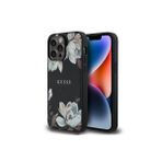 Guess İphone 14 Pro Max Uyumlu Kılıf Lisanslı M-Safe Özellikli Taneli Çiçek Metal Logolu Siyah