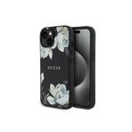 Guess İphone 15 Kılıf Lisanslı M-Safe Özellikli Taneli Çiçek Tasarımlı Metal Yazı Logolu Kapak Siyah