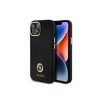 Guess İphone 15 Kılıf Lisanslı Yazı Ve Taşlı 4G Logolu Metal Kamera Çerçeveli Silikon Kapak Siyah