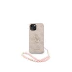 Guess iPhone 15 Magsafe Uyumlu Deri Bilek Askı İpli Yazı Logolu Pembe Telefon Kılıfı
