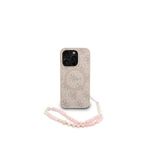 Guess iPhone 15 Pro Magsafe Uyumlu Deri Bilek Askı İpli Yazı Logolu Pembe Telefon Kılıfı
