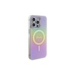 Guess İphone 15 Pro Max Uyumlu Kılıf Lisans Magsafe Şarj Özellik Yazı Logo Iridescent Pembe