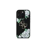 Guess İphone 15 Pro Max Uyumlu Kılıf Lisanslı Gül Baskılı Büyük Metal Logo Dizaynlı Kapak Siyah