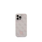 Guess iPhone 15 Pro Uyumlu Pembe 4G Desenli Taşlı Üçgen Logolu Telefon Kılıfı