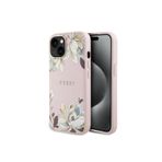 Guess İphone 15 Uyumlu Kılıf Lisanslı M-Safe Özellikli Çiçek Tasarımlı Metal Yazı Logolu Kapak