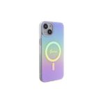 Guess İphone 15 Uyumlu Kılıf Lisanslı Magsafe Şarj Özellik Yazı Logolu Iridescent Kapak Mor